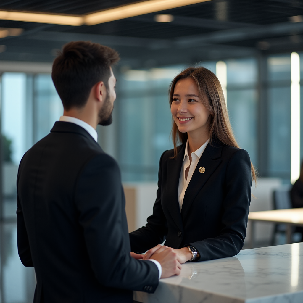 two colleagues wearing corporate uniforms